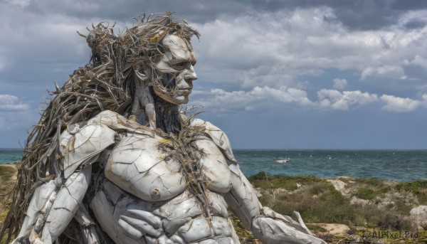 solo,1boy,upper body,outdoors,sky,day,cloud,water,no humans,muscular,ocean,beach,cloudy sky,robot,scenery,mecha,science fiction,realistic,horizon,damaged,male focus,blue sky,monster,rock,grey skin,cyborg