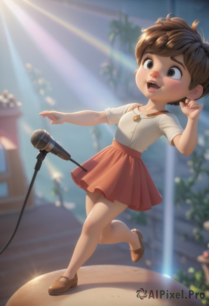 1girl,solo,blush,smile,short hair,open mouth,bangs,skirt,brown hair,shirt,brown eyes,jewelry,standing,full body,white shirt,short sleeves,:d,pleated skirt,outdoors,shoes,teeth,indoors,necklace,blurry,blurry background,red skirt,upper teeth only,brown footwear,sunlight,standing on one leg,child,microphone,freckles,music,female child,singing,microphone stand,male child