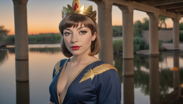 1girl,solo,breasts,looking at viewer,short hair,bangs,brown hair,dress,cleavage,brown eyes,jewelry,medium breasts,closed mouth,upper body,earrings,outdoors,blurry,lips,looking to the side,no bra,makeup,blurry background,blue dress,tiara,crown,lipstick,realistic,nose,red lips,pillar,smile,water,parody,gem,meme