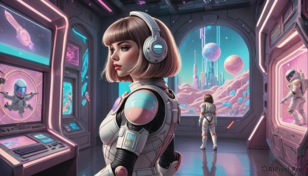 1girl,breasts,looking at viewer,short hair,bangs,blue eyes,brown hair,upper body,weapon,ass,solo focus,looking back,indoors,blunt bangs,from behind,lips,window,bodysuit,makeup,headphones,bob cut,helmet,robot,lipstick,star (sky),mecha,reflection,science fiction,realistic,nose,pilot suit,space,computer,monitor,planet,alien,earth (planet),spacecraft,spacesuit,cockpit,screen,holographic interface,space helmet,hologram,astronaut,joystick,multiple girls,1boy,standing