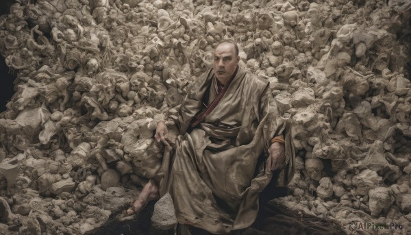 solo,looking at viewer,long sleeves,1boy,sitting,monochrome,white hair,male focus,japanese clothes,kimono,sash,facial hair,sandals,skull,bald,old,old man,too many,jewelry,barefoot,wide sleeves,bracelet,robe,brown theme