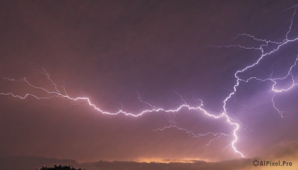 outdoors,sky,cloud,tree,no humans,cloudy sky,scenery,sunset,mountain,electricity,lightning,landscape,nature,forest