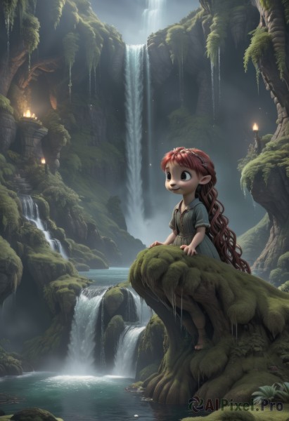 1girl,solo,long hair,smile,brown hair,dress,very long hair,braid,flower,short sleeves,red hair,outdoors,barefoot,pointy ears,water,black eyes,tree,wet,nature,scenery,forest,fantasy,candle,waterfall,cliff,cave,open mouth,night,fire,child,curly hair,green dress