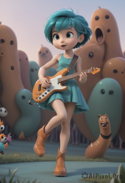 1girl,solo,smile,short hair,open mouth,blue eyes,skirt,dress,holding,blue hair,standing,full body,boots,outdoors,sleeveless,blurry,aqua eyes,aqua hair,depth of field,blue dress,brown footwear,standing on one leg,grass,instrument,child,walking,running,music,guitar,female child,creature,playing instrument,holding instrument,aqua dress,watermark,web address,green dress,electric guitar