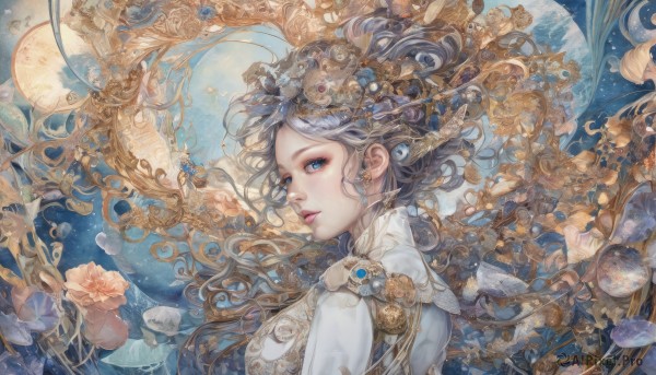 1girl,solo,long hair,looking at viewer,blue eyes,hair ornament,jewelry,upper body,flower,grey hair,earrings,parted lips,looking back,from side,lips,petals,eyelashes,makeup,floating hair,moon,crown,lipstick,gem,fish,fantasy,surreal,pearl (gemstone),coral,breasts,closed mouth,wings,wavy hair,planet,lotus