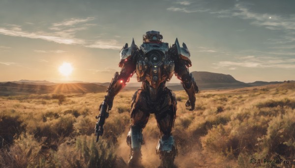 solo,1boy,holding,standing,weapon,male focus,outdoors,sky,cloud,from behind,holding weapon,armor,gun,no humans,glowing,grass,robot,holding gun,scenery,mecha,rifle,lens flare,walking,science fiction,sunset,mountain,realistic,sun,field,mountainous horizon,power armor,sunrise,humanoid robot,signature