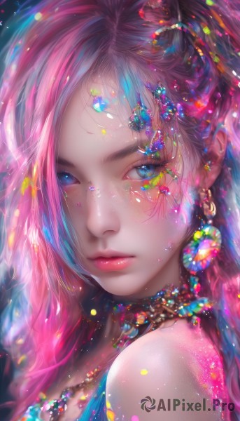 1girl,solo,long hair,looking at viewer,bangs,blue eyes,hair ornament,bare shoulders,jewelry,closed mouth,upper body,pink hair,multicolored hair,earrings,artist name,necklace,lips,eyelashes,makeup,lipstick,gem,portrait,eyeshadow,freckles,realistic,nose,red lips,colorful,mascara,blue hair,from side,looking to the side,watermark,light particles,beads,crystal,pink lips,pearl (gemstone)