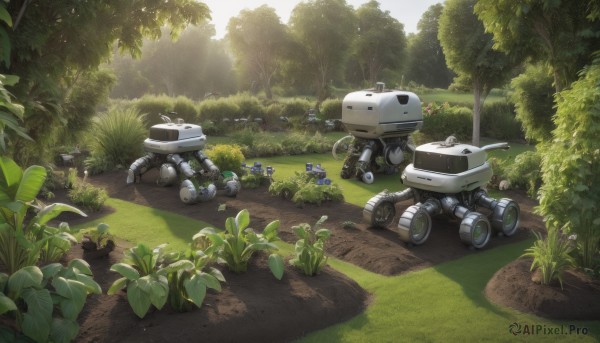 flower,outdoors,day,tree,military,no humans,sunlight,grass,plant,robot,ground vehicle,nature,scenery,mecha,motor vehicle,forest,science fiction,realistic,road,bush,tank,non-humanoid robot,weapon,gun