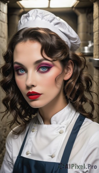 1girl,solo,long hair,looking at viewer,blue eyes,brown hair,shirt,hat,white shirt,upper body,parted lips,indoors,blurry,apron,lips,maid,maid headdress,makeup,buttons,blurry background,wavy hair,lipstick,portrait,eyeshadow,curly hair,realistic,red lips,artist name,eyelashes,eyeliner,mascara