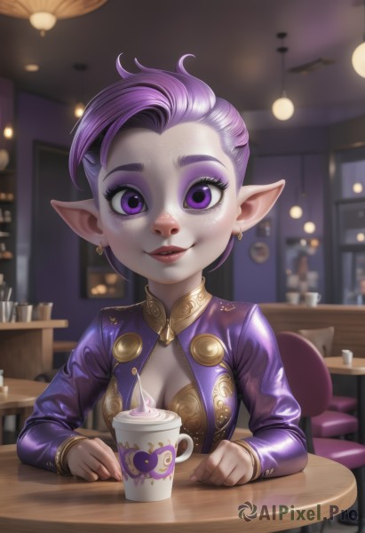 1girl,solo,breasts,looking at viewer,smile,short hair,long sleeves,cleavage,jewelry,medium breasts,sitting,purple eyes,upper body,purple hair,earrings,parted lips,pointy ears,artist name,indoors,blurry,cup,lips,clothing cutout,eyelashes,makeup,blurry background,colored skin,watermark,chair,cleavage cutout,table,lipstick,eyeshadow,asymmetrical hair,mug,eyeliner,coffee,purple lips,mascara,restaurant,cafe,purple eyeshadow,pov across table,dress,jacket,teeth,solo focus,thick eyebrows,pale skin,freckles,drinking straw,purple jacket,coffee mug