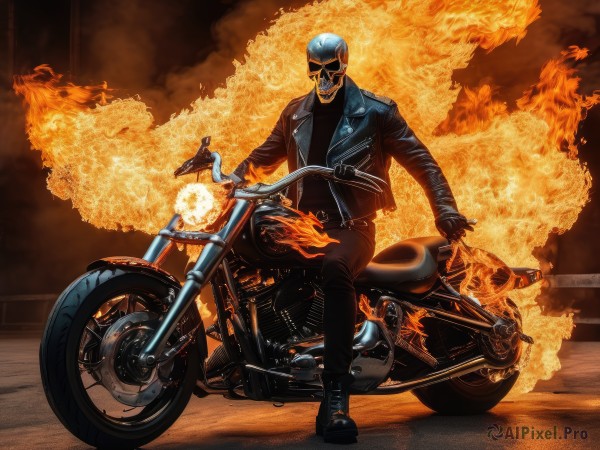 solo,gloves,1boy,jacket,male focus,boots,black gloves,belt,pants,black jacket,sunglasses,helmet,fire,ground vehicle,motor vehicle,realistic,leather,motorcycle,leather jacket,black footwear,black pants,denim,smoke,skull,retro artstyle,bald,flame,burning