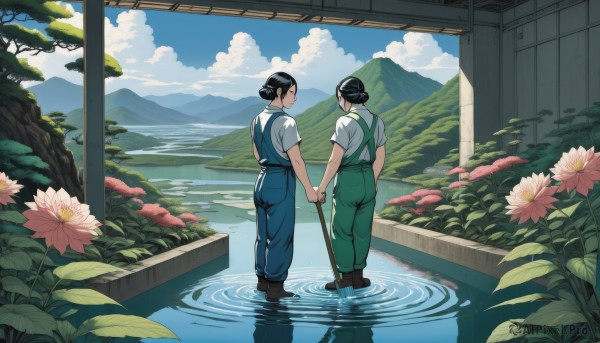 1girl,short hair,shirt,black hair,1boy,holding,standing,white shirt,flower,boots,outdoors,sky,day,pants,cloud,2boys,water,hair bun,from behind,looking at another,tree,blue sky,holding hands,single hair bun,cloudy sky,plant,scenery,pink flower,wading,reflection,mountain,overalls,wide shot,mountainous horizon,lily pad,pond,short sleeves,hetero,black footwear,profile,leaf,brown footwear,suspenders,white flower,blue pants,ripples,lake,reflective water,blue overalls