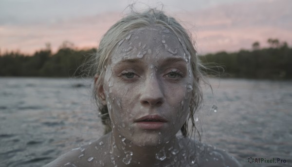 1girl,solo,long hair,looking at viewer,blonde hair,green eyes,outdoors,parted lips,sky,water,blurry,lips,wet,grey eyes,depth of field,blurry background,ocean,portrait,freckles,water drop,realistic,wet hair,short hair,white hair,grey hair,eyelashes,close-up,sunset