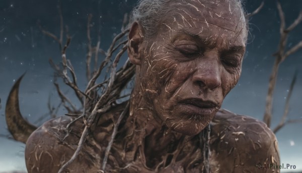 solo,short hair,1boy,closed mouth,closed eyes,upper body,white hair,male focus,outdoors,sky,dark skin,blurry,tree,blurry background,facial hair,portrait,facing viewer,snow,veins,snowing,realistic,old,bare tree,wrinkled skin,tail,grey hair,artist name,beard,mustache,branch,very short hair,monster boy