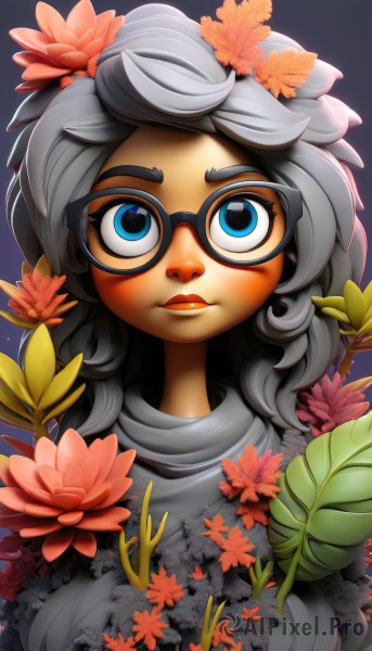 1girl,solo,long hair,looking at viewer,blush,blue eyes,hair ornament,upper body,flower,grey hair,glasses,hair flower,sweater,dark-skinned female,lips,eyelashes,makeup,leaf,lipstick,portrait,black-framed eyewear,nose,freckles,leaf on head