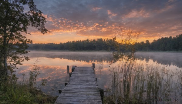 outdoors,sky,cloud,water,tree,no humans,sunlight,cloudy sky,grass,plant,nature,scenery,forest,reflection,sunset,stairs,river,evening,gradient sky,orange sky,reflective water,horizon,twilight,lake