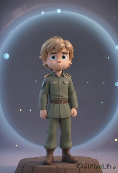 solo,looking at viewer,short hair,blue eyes,blonde hair,brown hair,long sleeves,1boy,closed mouth,standing,jacket,full body,male focus,boots,belt,pants,artist name,uniform,black eyes,military,military uniform,brown footwear,thick eyebrows,looking up,clenched hands,green jacket,space,male child,green pants,signature,epaulettes,military jacket