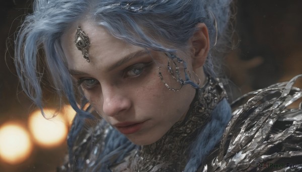 1girl,solo,long hair,looking at viewer,blue eyes,hair ornament,jewelry,closed mouth,blue hair,braid,grey hair,earrings,armor,blurry,lips,grey eyes,eyelashes,depth of field,blurry background,gem,portrait,freckles,circlet,realistic,forehead jewel,bokeh,artist name,shoulder armor,close-up,nose,head chain