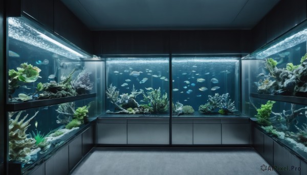 indoors,water,no humans,window,plant,scenery,fish,rock,underwater,aquarium,sunlight,light rays,light,air bubble,ceiling,lily pad,coral,seaweed