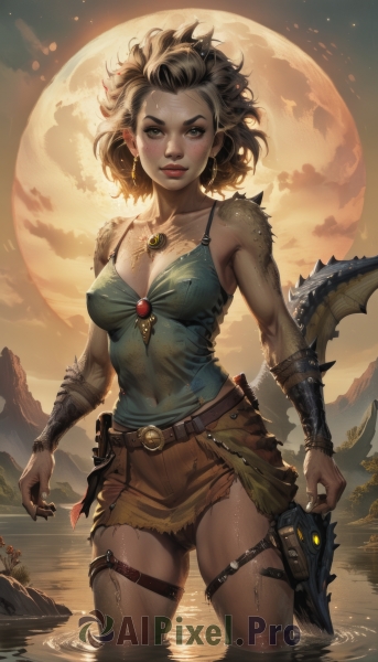 1girl,solo,breasts,looking at viewer,blush,smile,short hair,blue eyes,skirt,brown hair,shirt,holding,cleavage,bare shoulders,jewelry,medium breasts,closed mouth,green eyes,standing,collarbone,weapon,thighs,cowboy shot,sweat,earrings,outdoors,parted lips,sky,sleeveless,solo focus,pointy ears,belt,sword,artist name,signature,medium hair,water,necklace,holding weapon,armor,covered nipples,lips,fingernails,wet,torn clothes,no bra,covered navel,makeup,thigh strap,night,watermark,moon,knife,messy hair,gem,wet clothes,web address,claws,forehead,buckle,full moon,camisole,wading,pendant,partially submerged,backlighting,freckles,contrapposto,brown skirt,pouch,patreon username,realistic,nose,green shirt,sun,vambraces,red lips,spaghetti strap,scales,bracer,holster,dagger,belt pouch,dirty,thigh holster,torn skirt,blonde hair,tail,cloud,mole,sheath,star (sky),curly hair,hoop earrings,mole on thigh,redesign,tooth necklace,mole on cheek