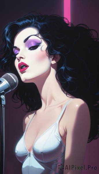 1girl,solo,long hair,breasts,blush,open mouth,black hair,cleavage,medium breasts,underwear,collarbone,closed eyes,upper body,small breasts,parted lips,teeth,covered nipples,lips,see-through,eyelashes,makeup,wavy hair,lipstick,microphone,eyeshadow,curly hair,nose,music,singing,microphone stand,bare shoulders,nipples