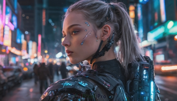 1girl, solo, long hair, blue eyes, upper body, ponytail, blurry, lips, profile, depth of field, blurry background, science fiction, realistic, nose, cyberpunk, earpiece, neon lights