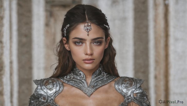 1girl,solo,long hair,looking at viewer,brown hair,black hair,hair ornament,brown eyes,closed mouth,upper body,dark skin,armor,blurry,lips,grey eyes,dutch angle,blurry background,gem,portrait,circlet,realistic,nose,jewelry,earrings,shoulder armor