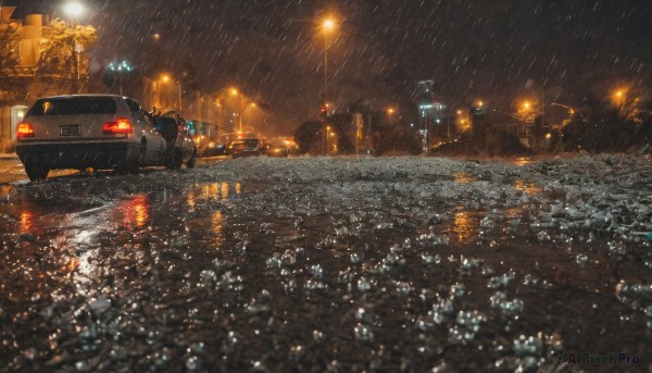 outdoors,sky,water,tree,no humans,night,ground vehicle,building,scenery,motor vehicle,reflection,rain,city,car,light,road,vehicle focus,lamppost,street,city lights,lights,wet,water drop,sign,puddle,traffic light