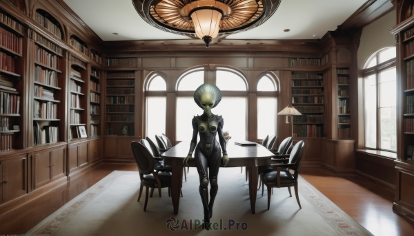 1girl,solo,standing,flower,indoors,book,no humans,window,bodysuit,chair,table,sunlight,helmet,scenery,science fiction,light rays,wooden floor,black bodysuit,bookshelf,lamp,library,phonograph,sitting,couch,1other,chandelier,globe