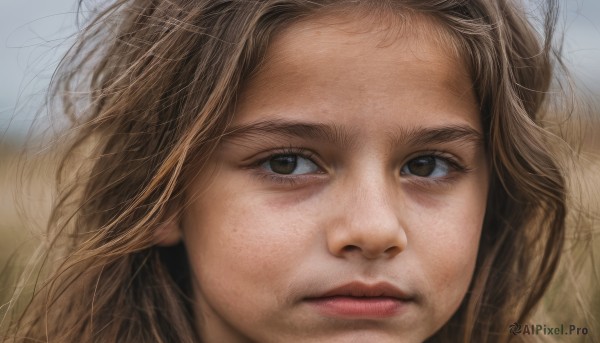 1girl,solo,long hair,looking at viewer,brown hair,brown eyes,closed mouth,blurry,lips,blurry background,portrait,close-up,realistic,nose,eyelashes,forehead