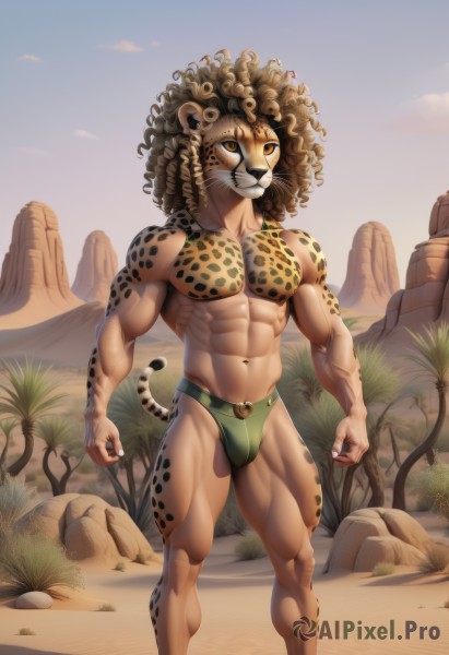 solo,1boy,navel,animal ears,brown eyes,underwear,standing,tail,male focus,thighs,outdoors,sky,tree,orange eyes,no humans,muscular,abs,pectorals,muscular male,furry,bulge,topless male,rock,furry male,cactus,brown hair,yellow eyes,artist name,nail polish,feet out of frame,watermark,grass,web address,obliques,leopard print