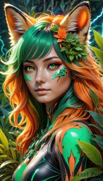 1girl,solo,long hair,breasts,looking at viewer,bangs,hair ornament,animal ears,medium breasts,closed mouth,green eyes,upper body,flower,multicolored hair,green hair,shiny,artist name,cat ears,hair flower,necklace,orange hair,two-tone hair,lips,animal ear fluff,fox ears,eyelashes,bodysuit,gradient hair,makeup,leaf,watermark,facial mark,plant,lipstick,slit pupils,eyeshadow,nose,electricity,eyeliner,whisker markings,mascara,jewelry,from side,swept bangs,web address,freckles