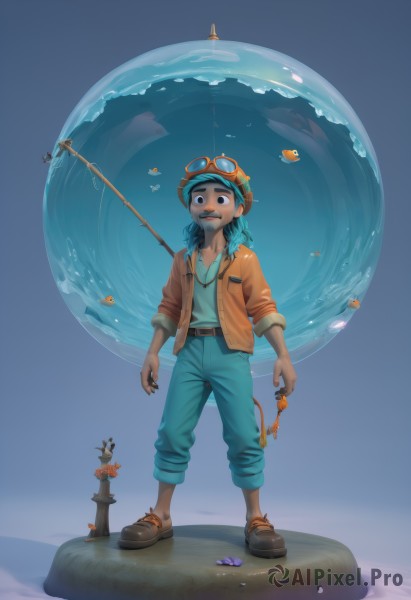 1girl,solo,looking at viewer,smile,open mouth,shirt,1boy,blue hair,standing,jacket,full body,male focus,open clothes,shoes,teeth,belt,pants,dark skin,water,black eyes,dark-skinned female,blue background,helmet,goggles,fish,bubble,goggles on head,fishing rod,long hair,hat,holding,jewelry,necklace,black footwear,open jacket,aqua hair,shadow,facial hair,brown footwear,sleeves rolled up,rock,blue pants,orange shirt,goggles on headwear,holding fishing rod,fishing line