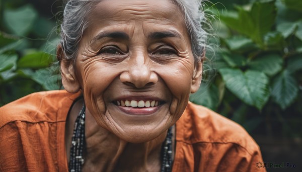 solo,looking at viewer,smile,open mouth,shirt,1boy,white hair,grey hair,male focus,teeth,necklace,grin,blurry,black eyes,blurry background,leaf,plant,portrait,realistic,old,orange shirt,old man,old woman,wrinkled skin,jacket,upper body,depth of field,half-closed eyes,zipper,evil smile,orange jacket