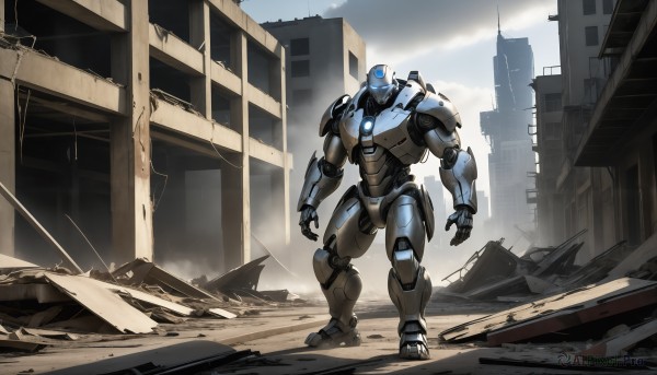 HQ,solo,1boy,standing,outdoors,sky,cloud,armor,no humans,robot,building,mecha,science fiction,city,realistic,ruins,open hands,power armor,rubble,glowing,glowing eyes,dust