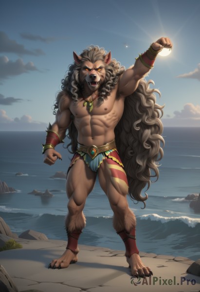 solo,long hair,looking at viewer,open mouth,brown hair,red eyes,1boy,navel,animal ears,jewelry,very long hair,nipples,standing,full body,male focus,thighs,earrings,outdoors,sky,teeth,cloud,water,necklace,arm up,bracelet,tattoo,muscular,glowing,ocean,fangs,beach,thick thighs,abs,thick eyebrows,cloudy sky,pectorals,muscular male,bara,claws,pelvic curtain,furry,colored sclera,large pectorals,bulge,topless male,rock,sand,sun,bracer,furry male,lion ears,biceps,brown fur,lion boy,yellow eyes,barefoot,armpits,orange eyes,sunlight,glowing eyes,beard,pendant,curly hair,big hair,chest hair