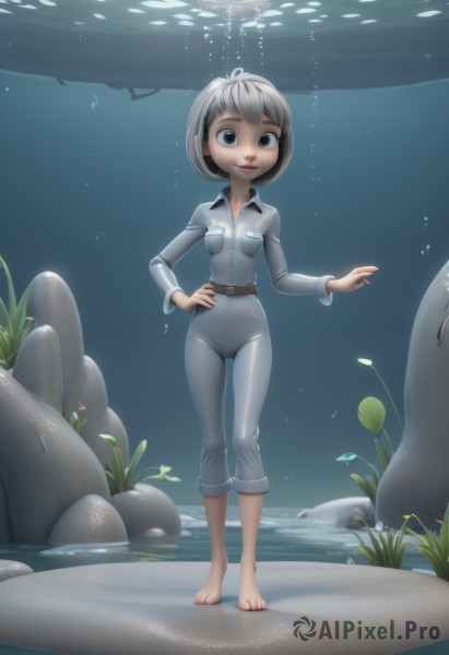 1girl,solo,looking at viewer,smile,short hair,blue eyes,standing,full body,white hair,grey hair,barefoot,belt,pants,water,lips,hand on hip,grey eyes,bodysuit,fish,bubble,rock,underwater,air bubble,jumpsuit,submerged,turtle,seaweed,breasts,black eyes,thigh gap,aquarium