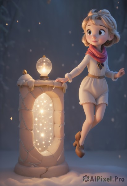 1girl,solo,smile,short hair,blonde hair,brown hair,long sleeves,dress,brown eyes,closed mouth,standing,full body,outdoors,shoes,shorts,belt,scarf,blurry,high heels,lips,fur trim,night,glowing,brown footwear,child,christmas,snow,red scarf,snowing,coat,aged down,winter clothes,winter,snowman