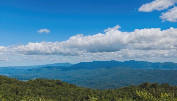 outdoors,sky,day,cloud,tree,blue sky,no humans,cloudy sky,grass,nature,scenery,forest,mountain,field,landscape,mountainous horizon,hill,signature,ocean,horizon