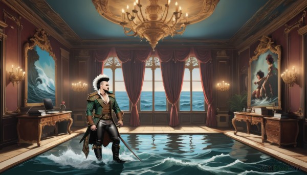 solo,breasts,smile,short hair,shirt,black hair,long sleeves,1boy,hat,holding,sitting,standing,jacket,weapon,flower,male focus,boots,multiple boys,open clothes,belt,pants,sword,indoors,2boys,water,black footwear,holding weapon,coat,window,facial hair,ocean,chair,holding sword,eyepatch,table,plant,curtains,sheath,scenery,beard,reflection,epaulettes,top hat,potted plant,lamp,candle,watercraft,hat feather,vase,pirate hat,pirate,candlestand,chandelier,white hair,looking to the side,book,scar,looking away,sideburns,goatee,leather,ship,painting (object),rapier