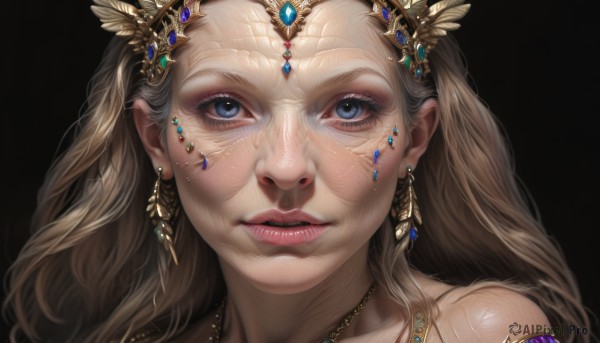 1girl,solo,long hair,looking at viewer,blue eyes,blonde hair,simple background,brown hair,hair ornament,jewelry,earrings,parted lips,teeth,necklace,lips,eyelashes,makeup,black background,gem,portrait,close-up,realistic,nose,freckles