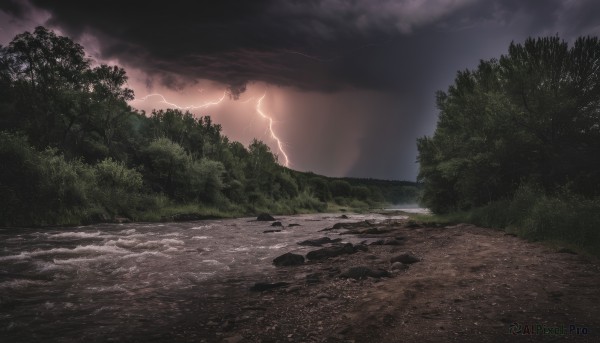 outdoors,sky,cloud,tree,no humans,cloudy sky,grass,nature,scenery,forest,road,bush,river,lightning,landscape,path,water,night,rock,electricity,dark