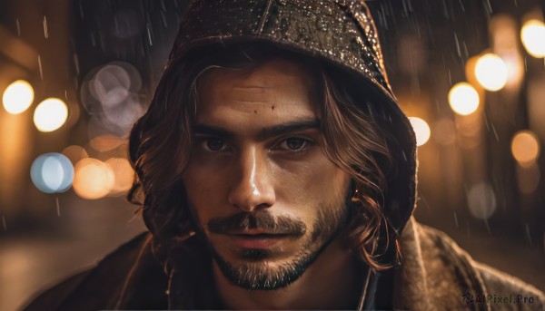 solo,looking at viewer,brown hair,1boy,hat,brown eyes,closed mouth,male focus,hood,blurry,night,depth of field,blurry background,facial hair,thick eyebrows,portrait,beard,rain,realistic,mustache,beanie,bokeh,outdoors,lips