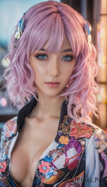 1girl,solo,long hair,breasts,looking at viewer,bangs,blue eyes,hair ornament,cleavage,medium breasts,closed mouth,collarbone,upper body,pink hair,japanese clothes,open clothes,artist name,medium hair,kimono,blurry,lips,eyelashes,no bra,makeup,blurry background,wavy hair,floral print,pink lips,realistic,nose,print kimono,open kimono,flower,outdoors,day,tattoo,chest tattoo