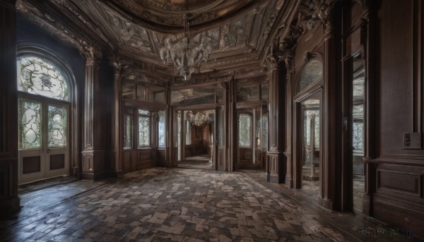 day,indoors,no humans,window,sunlight,scenery,stairs,door,architecture,tile floor,pillar,statue,stained glass,hallway,church,arch,chandelier,column,tree,chair,plant,wooden floor,clock,candle,floor,ceiling,candlestand