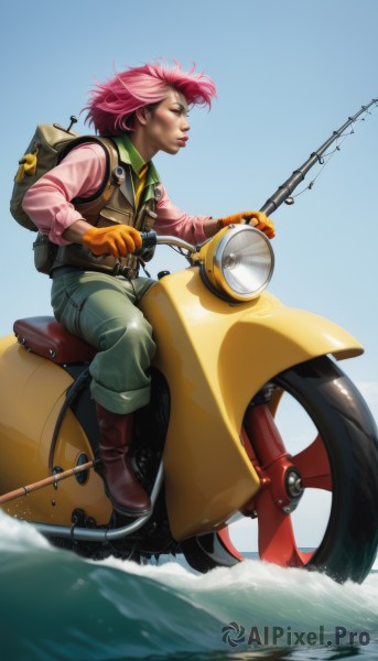 1girl,solo,short hair,shirt,gloves,long sleeves,sitting,full body,pink hair,boots,outdoors,sky,day,collared shirt,pants,water,bag,vest,from side,blue sky,lips,ocean,brown footwear,backpack,ground vehicle,motor vehicle,realistic,nose,riding,motorcycle,green pants,fishing rod,jacket,very short hair,fishing,scooter