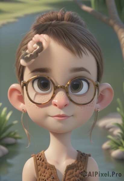 1girl,solo,looking at viewer,smile,short hair,brown hair,bare shoulders,brown eyes,jewelry,closed mouth,upper body,braid,earrings,outdoors,glasses,sleeveless,hair bun,blurry,tree,lips,depth of field,blurry background,single hair bun,thick eyebrows,child,portrait,freckles,round eyewear,brown-framed eyewear,water,black eyes,branch