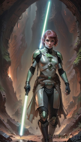 1girl,solo,breasts,looking at viewer,short hair,brown hair,gloves,holding,brown eyes,medium breasts,standing,full body,weapon,pink hair,red hair,boots,black gloves,belt,sword,fingerless gloves,holding weapon,armor,lips,glowing,holding sword,knee boots,shoulder armor,walking,science fiction,pauldrons,pouch,serious,breastplate,nose,fantasy,armored boots,knee pads,greaves,ruins,shoulder pads,belt pouch,faulds,glowing weapon,energy sword,glowing sword,plate armor,boobplate,lightsaber,watermark,scar,gauntlets,web address,realistic