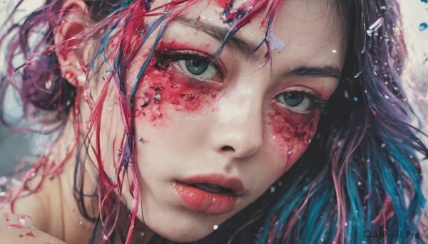 1girl,solo,looking at viewer,blue eyes,black hair,jewelry,blue hair,pink hair,multicolored hair,parted lips,blurry,black eyes,lips,eyelashes,blood,gradient hair,makeup,piercing,portrait,close-up,freckles,realistic,nose,red lips,long hair,bangs