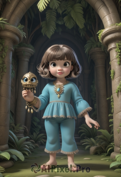 1girl,solo,looking at viewer,short hair,bangs,brown hair,shirt,long sleeves,holding,brown eyes,jewelry,closed mouth,standing,full body,outdoors,pants,wide sleeves,blunt bangs,necklace,black eyes,bracelet,lips,toes,leaf,sandals,grass,blue shirt,plant,gem,child,toenails,blue pants,female child,pillar,flip-flops,smile,dress,bird,watermark,slippers,horror (theme),moss